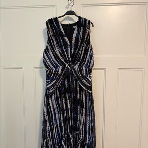 DKNY Navy, Black & White Striped Twist-Front Maxi Dress